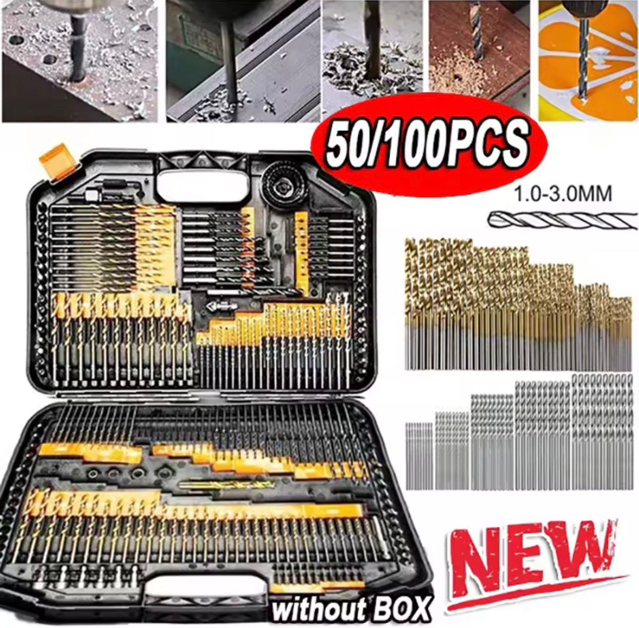 Forets revêtus de titane HSS, ensemble d'outils en acier rapide, électrique de qualité(100mm, 1/1mm, 2/2mm, 3mm, 50pieces